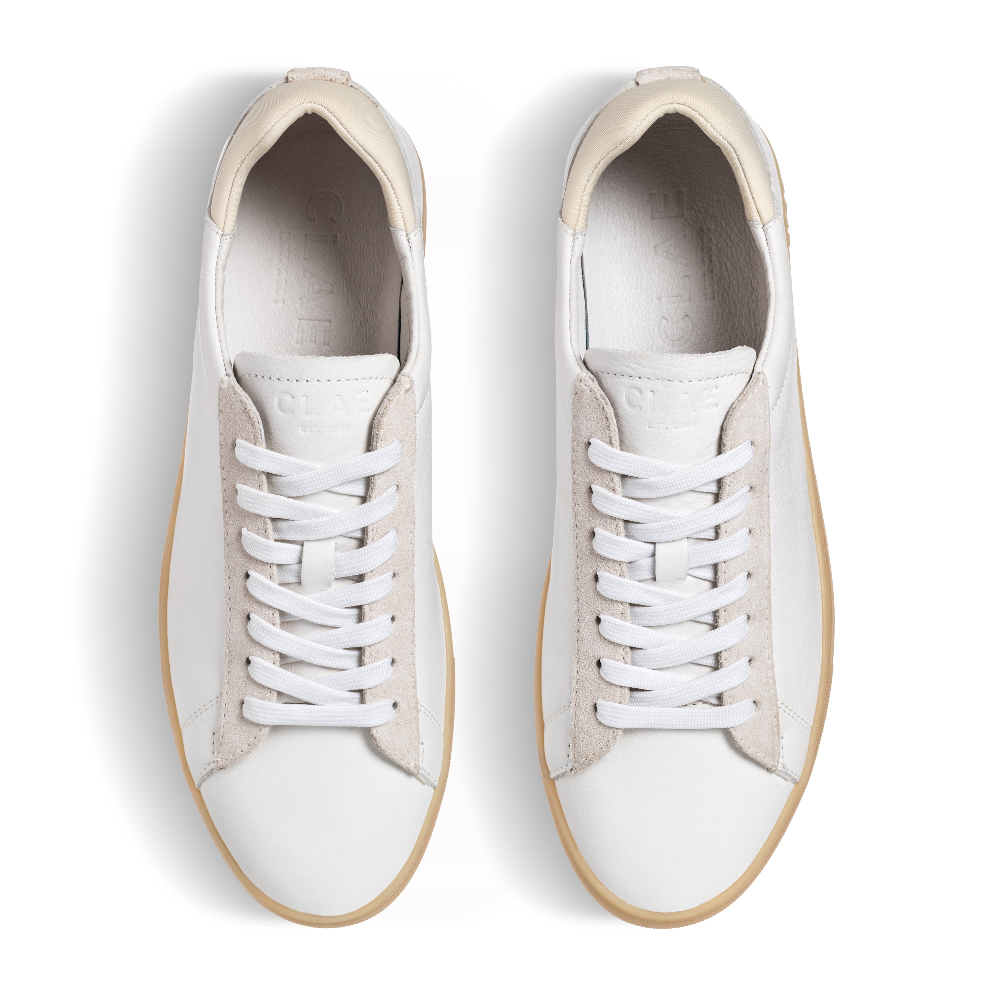 Top view of Bradley court shoe in White Off-White Light Nat Gum, showing Italian leather, suede, and neoprene upper with lace details.