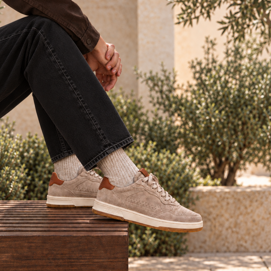 CLAE HAYWOOD Cobblestone Suede with black jeans