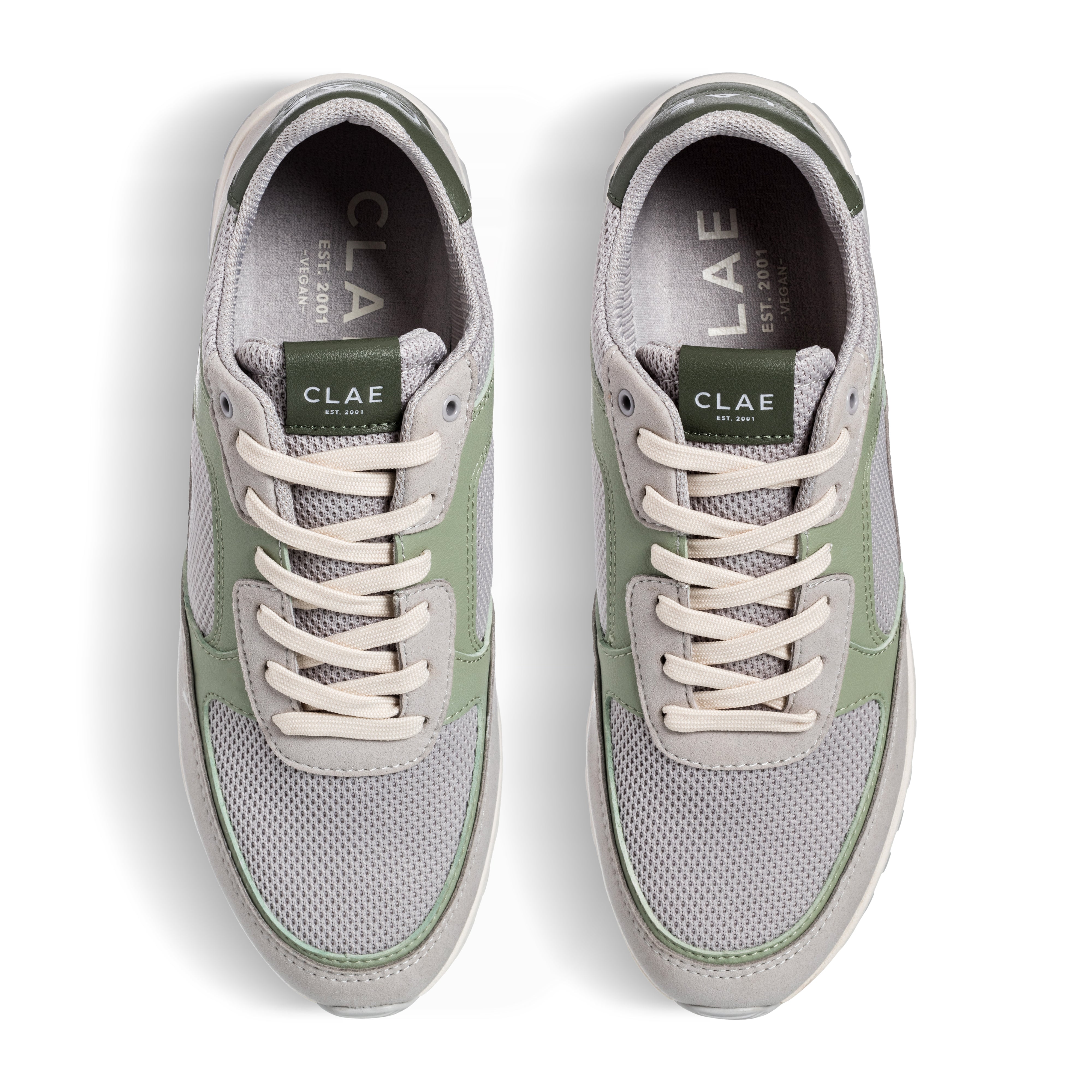 Top view of Joshua trainer in Quiet Gray Tea, showing recycled mesh and synthetic upper with sleek lines.