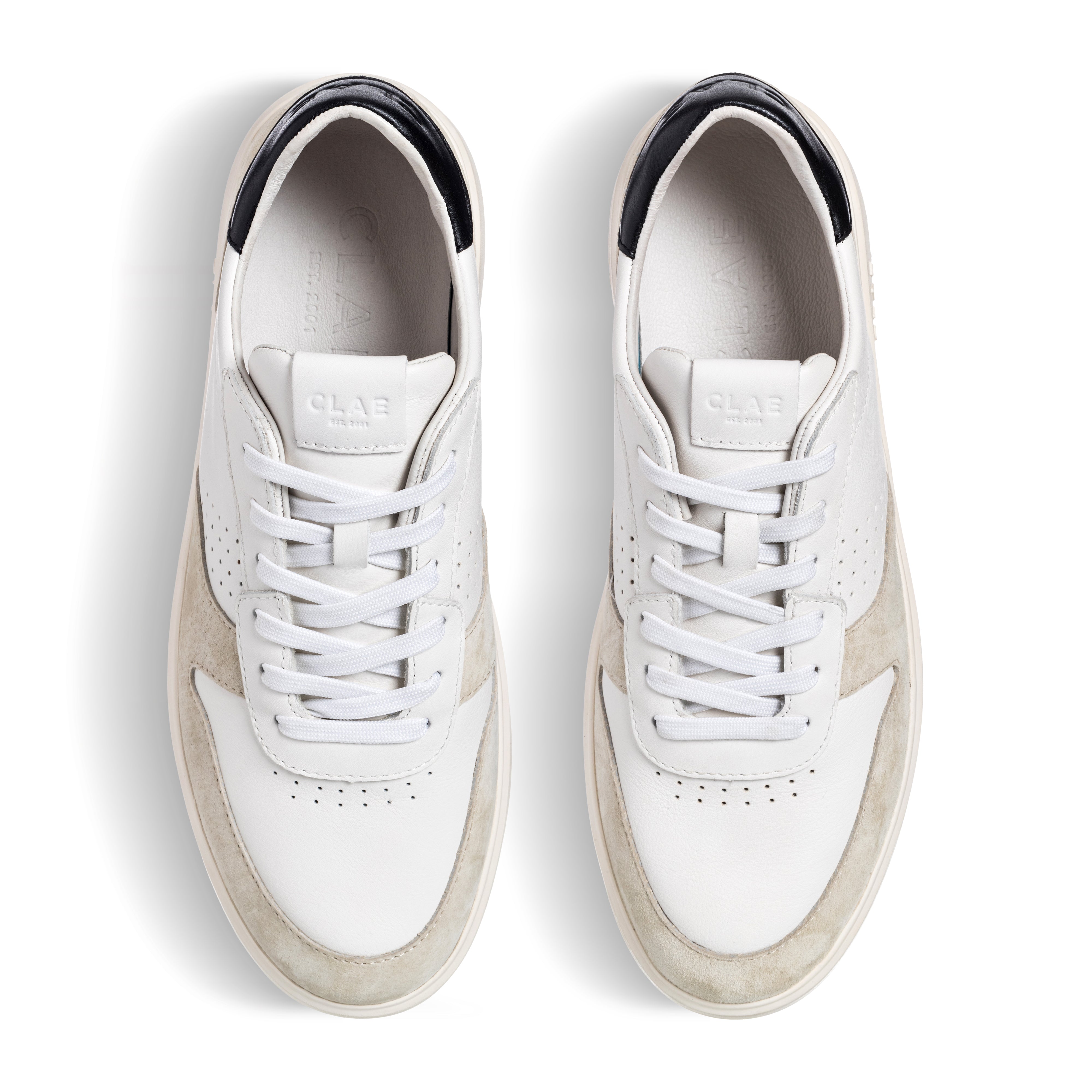 Top view of Moses sneaker in White Wood Ash Black, showing Italian leather and suede upper with sleek court-style design.